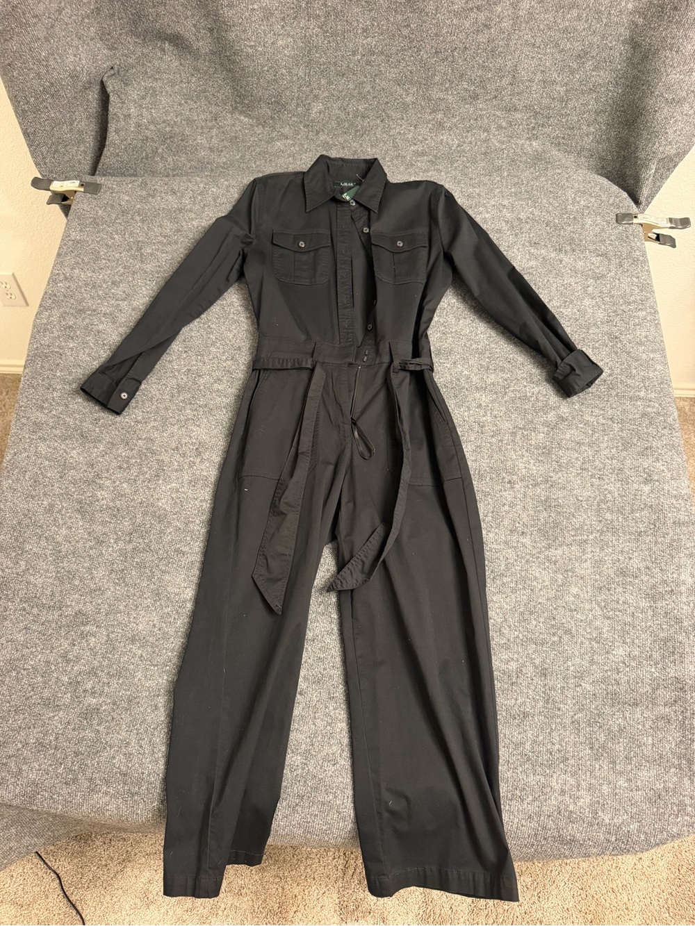 Ralph Lauren Black Long-Sleeve Utility Jumpsuit with Tie Belt